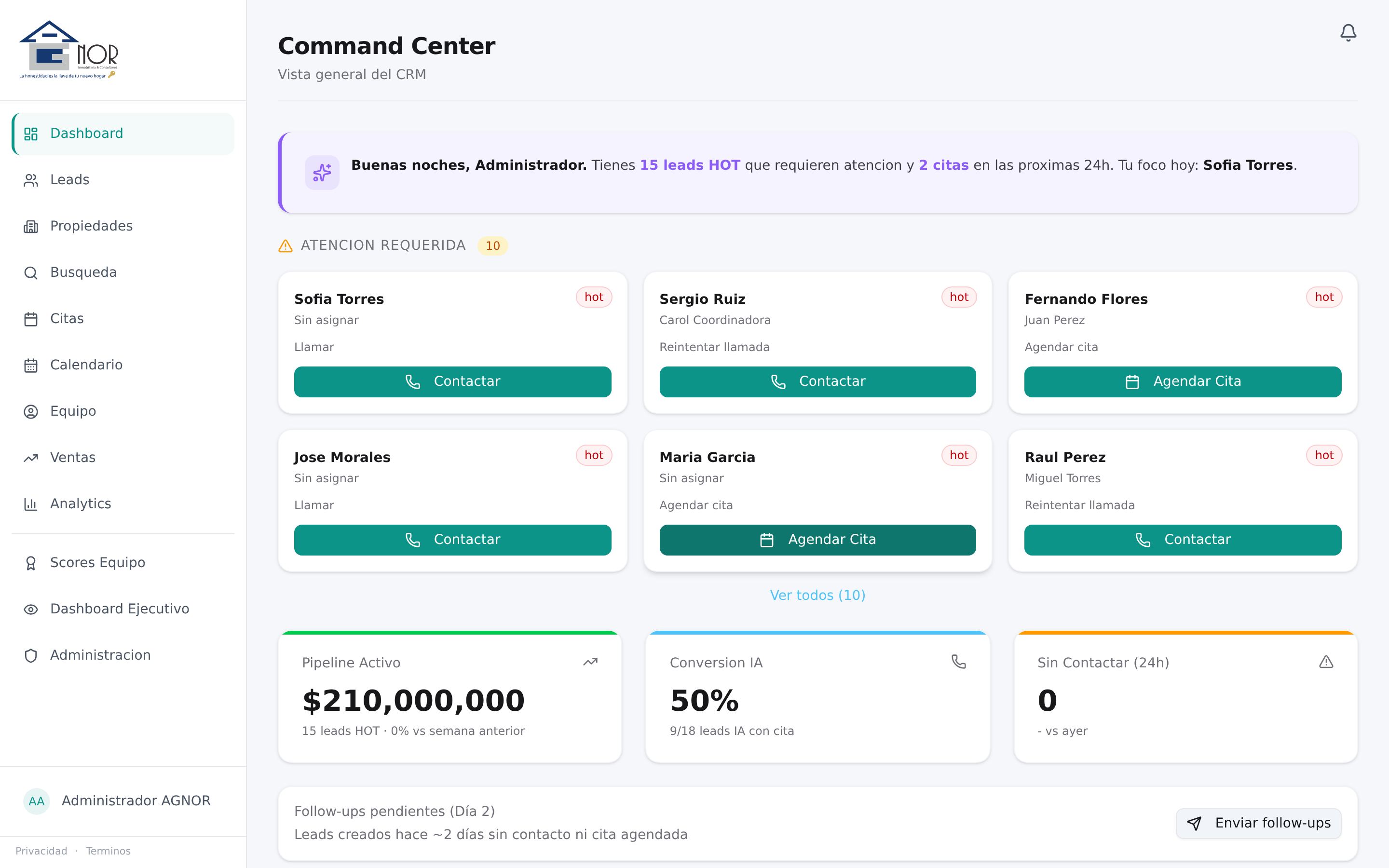 Command Center del CRM con KPIs en vivo, leads HOT del día y forecast del mes